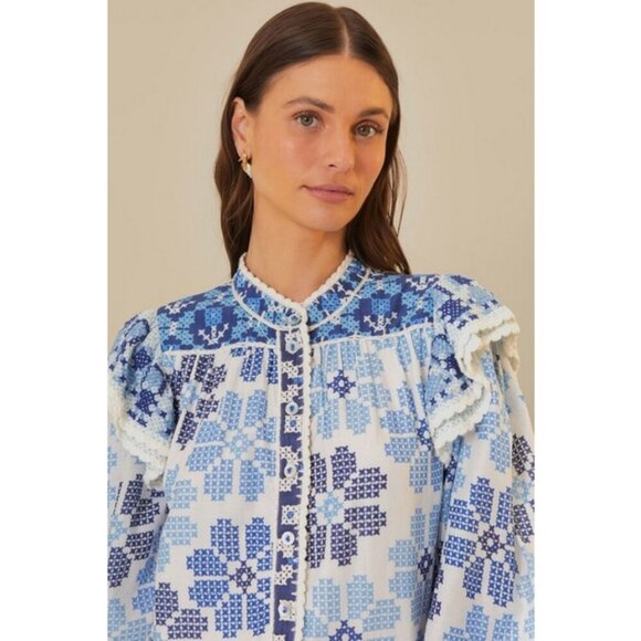 💕FARM RIO💕 Off-White Stitched Flowers And Girls Midi Dress ~ Small S NWT - Picture 5 of 16